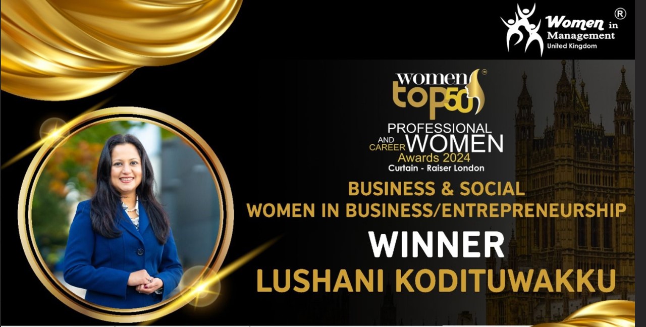 Luminii's Lushani Kodituwakku wins the Business/Entrepreneurship Award at the Women in Management (WIM) UK Professional & Career Women Awards 2024